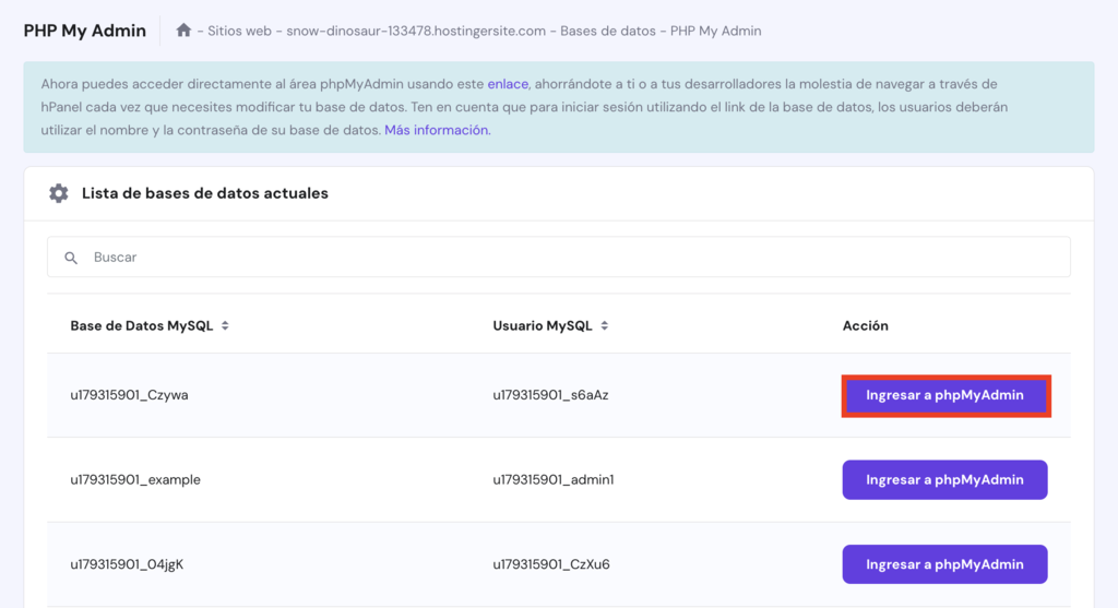 Sección phpMyAdmin de hPanel