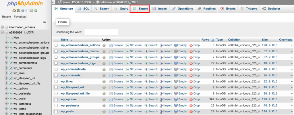 Opción de exportar de phpMyAdmin