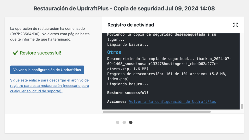 Restauración exitosa en UpdraftPlus