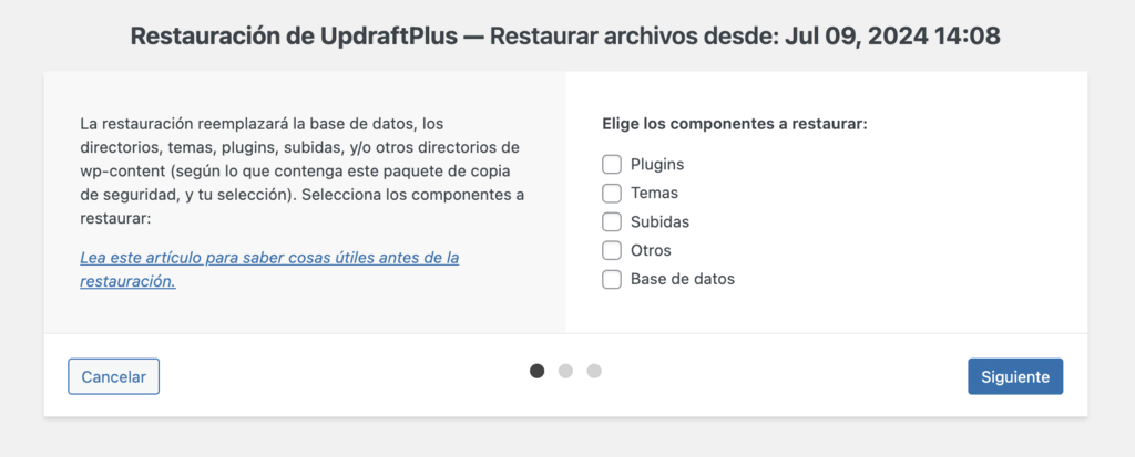 Sección de restauración de UpdraftPlus