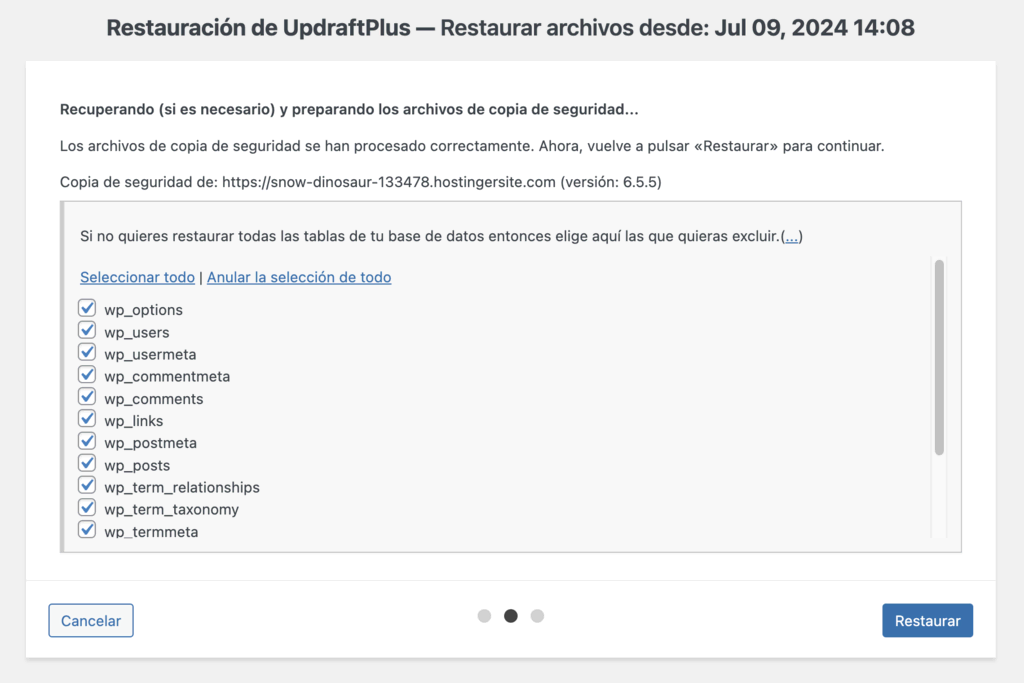 Excluir tablas de la base de datos en UpdraftPlus