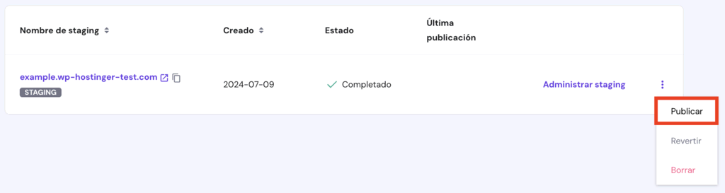 Sección de sitios de prueba en hPanel