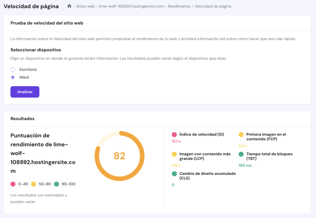 Velocidad de página en hPanel