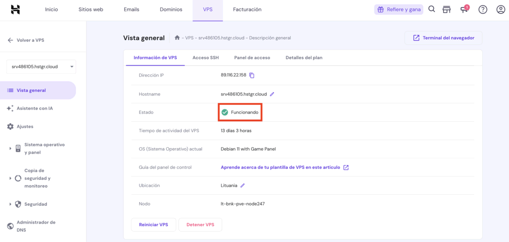 Vista general de VPS de Hostinger