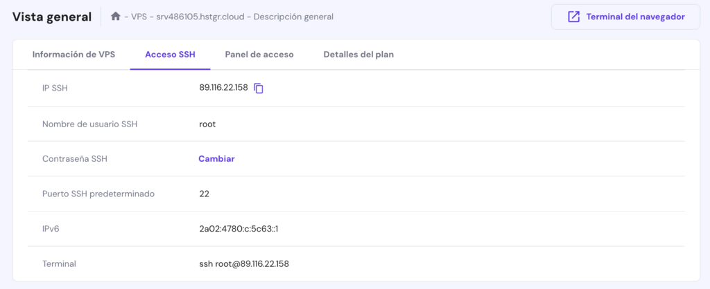 Sección de Accesso SSH de hPanel