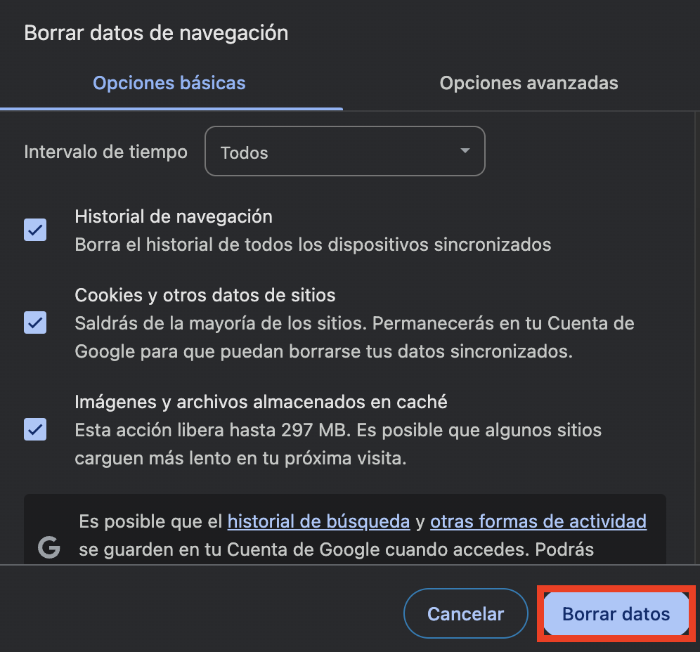 Borrar datos de navegación de Google Chrome