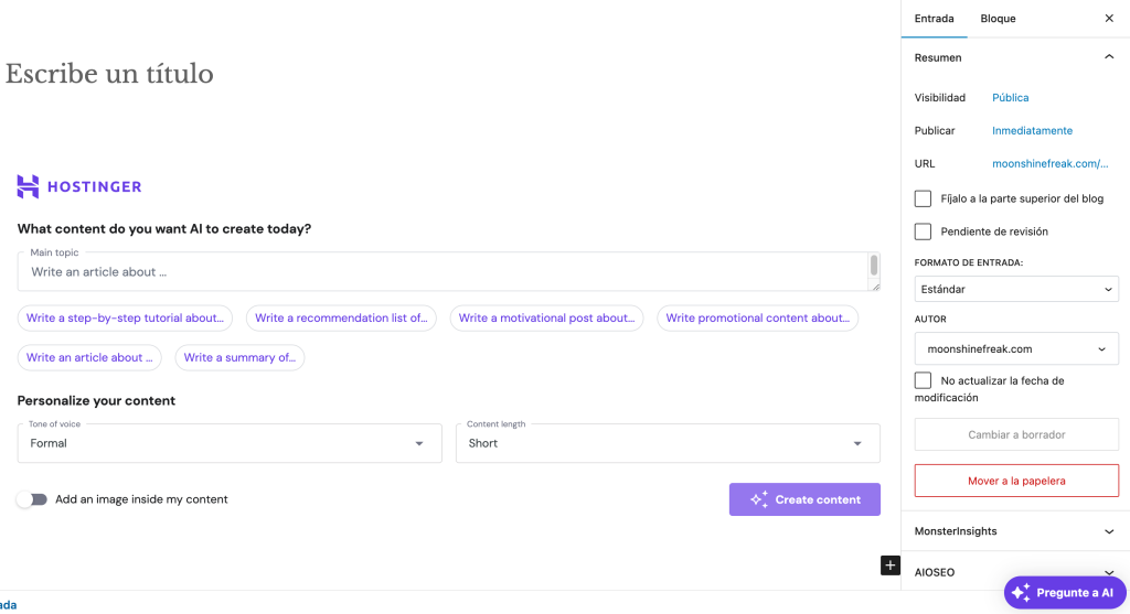 Generador de contenido con IA de Hostinger