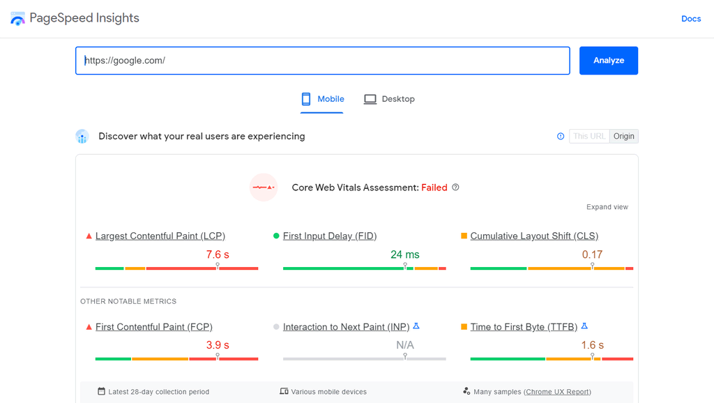 Sitio web de PageSpeed Insights