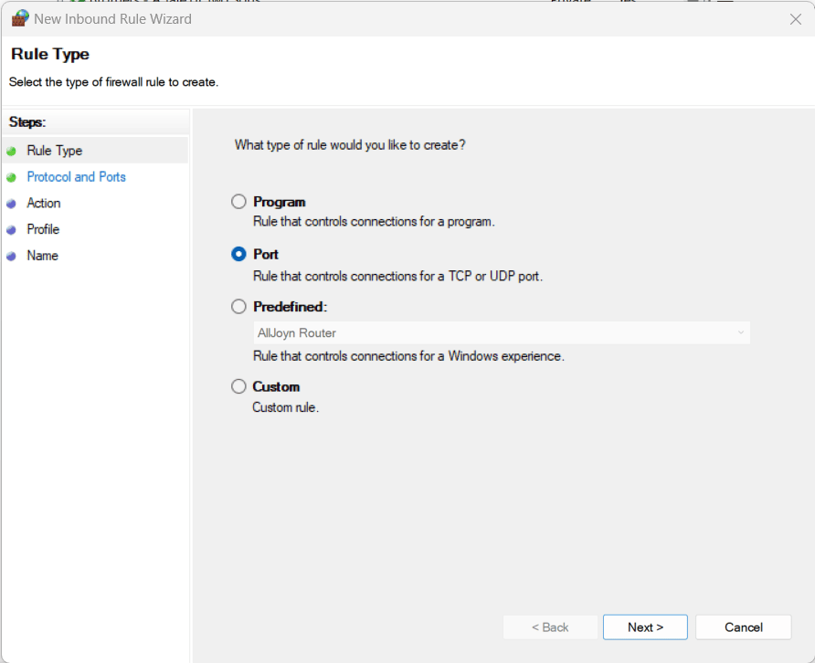 Reglas de entrada del firewall de Windows