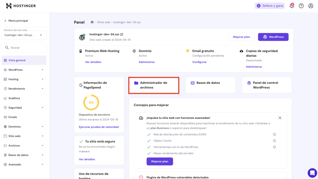 Administrador de archivos en hPanel