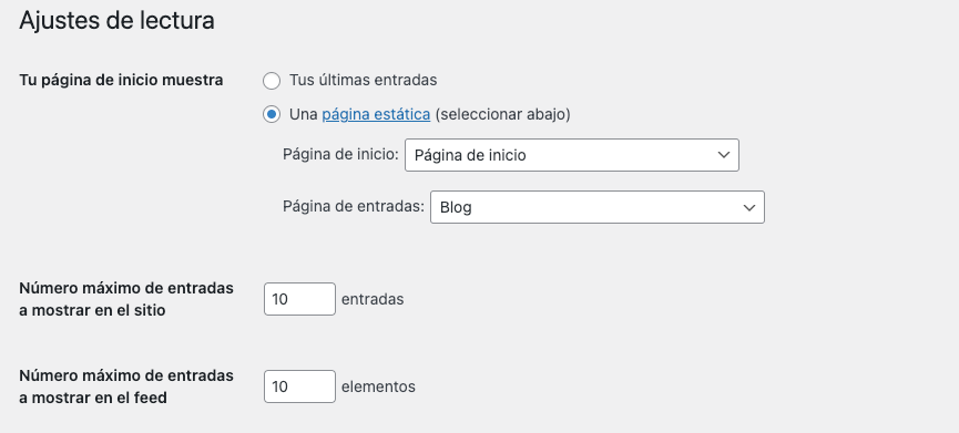 Ajustes de lectura de WordPress