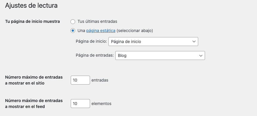 Ajustes de lectura de WordPress