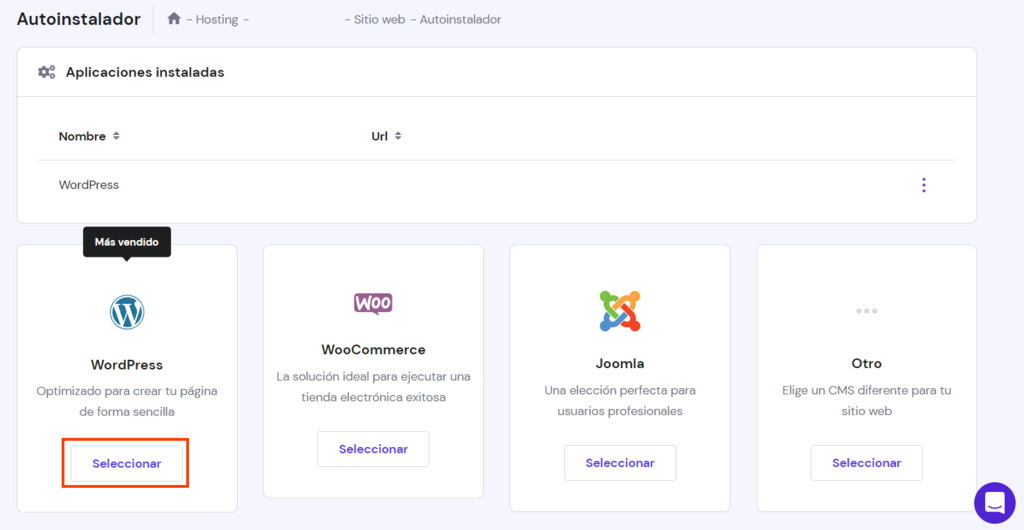 Sección Autoinstalador de hPanel