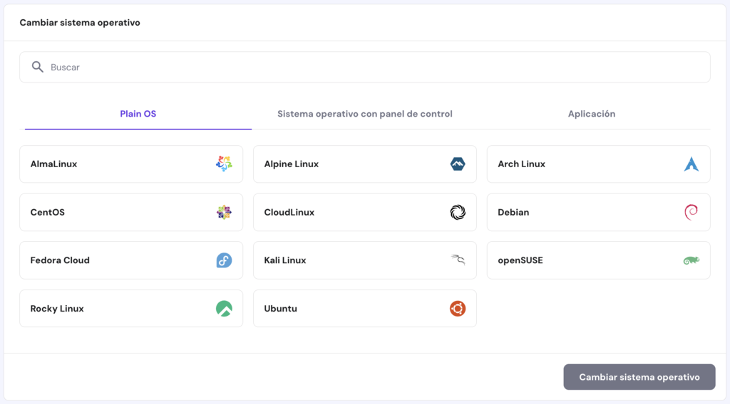 Sección para cambiar sistema operativo en hPanel