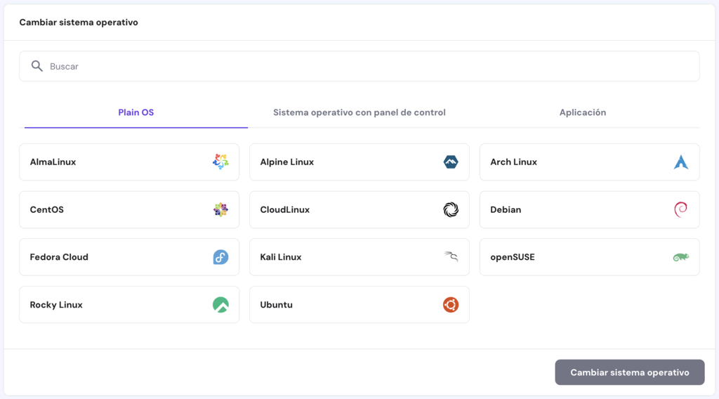 Sección para cambiar sistema operativo en hPanel