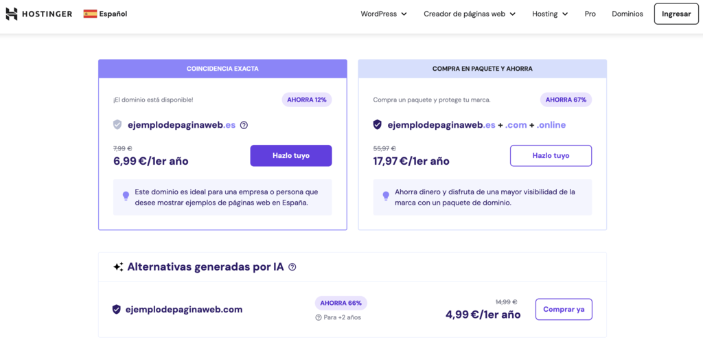 Ejemplo de compra de dominio en Hostinger