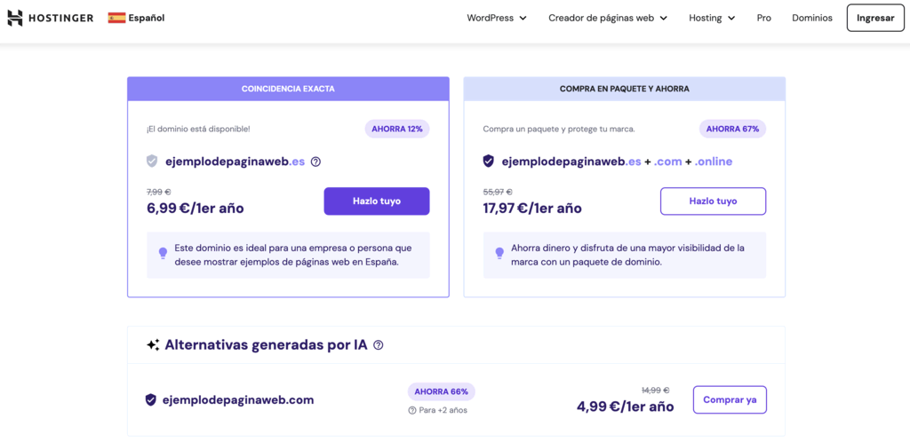 Ejemplo de compra de dominio en Hostinger