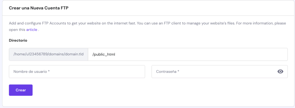 Crear nueva cuenta FTP en Hostinger