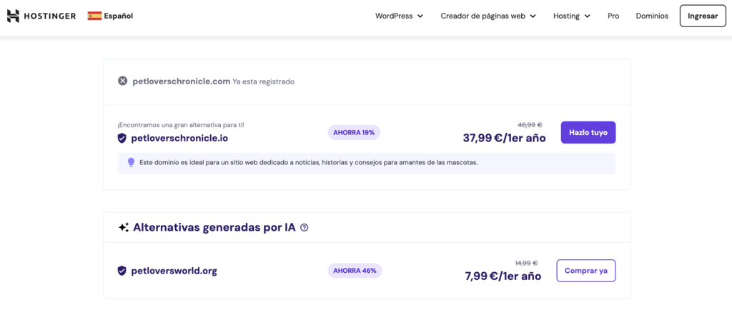 Ejemplo de dominio web ocupado en la web de Hostinger