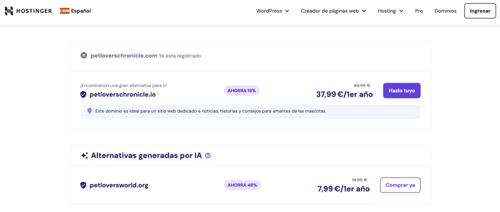 Ejemplo de dominio web ocupado en la web de Hostinger