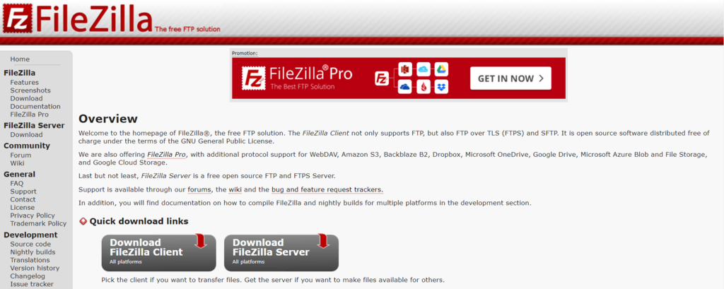 Sitio web de FileZilla