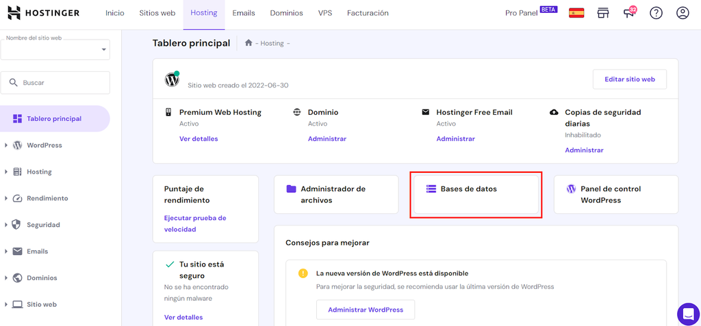 Bases de datos en hPanel