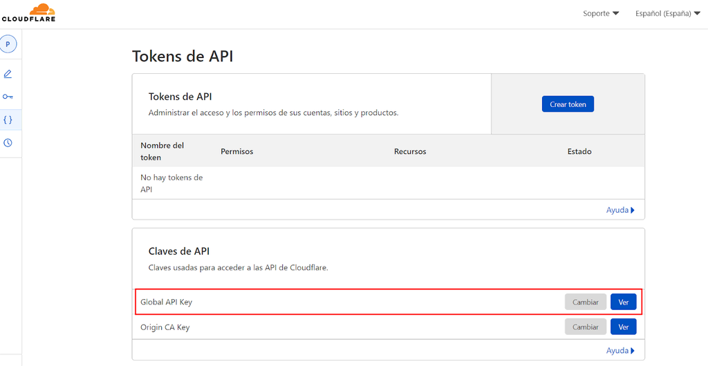 Sección de tokens de API de Cloudflare
