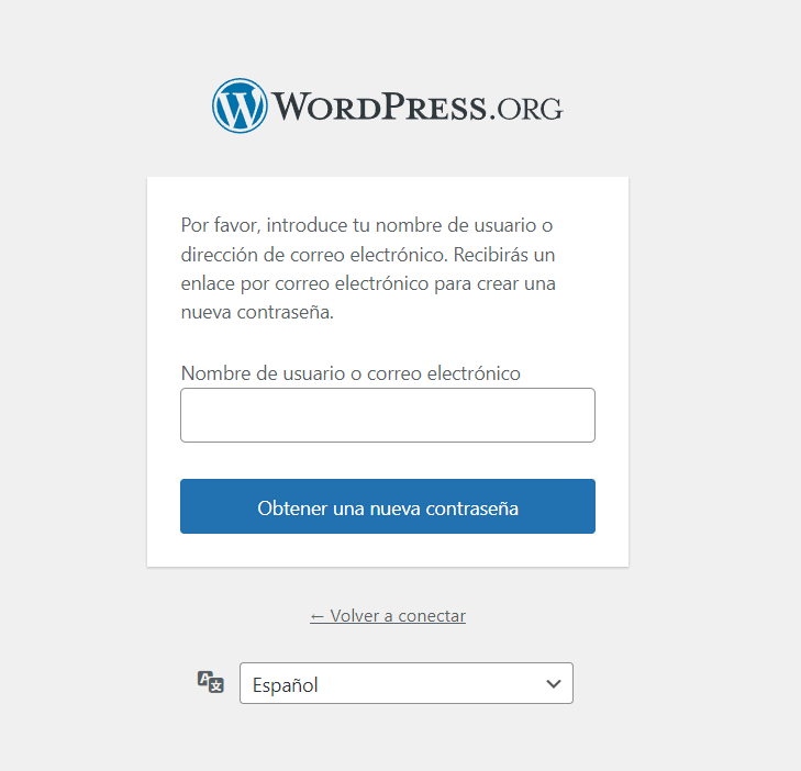 Página de recuperación de clave de WordPress wp