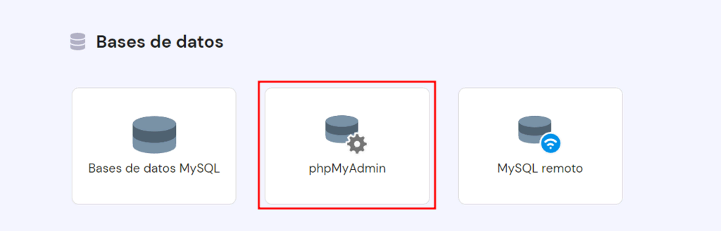 Sección de Bases de datos de hPanel