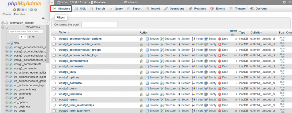 Sección de Estructura de phpMyAdmin