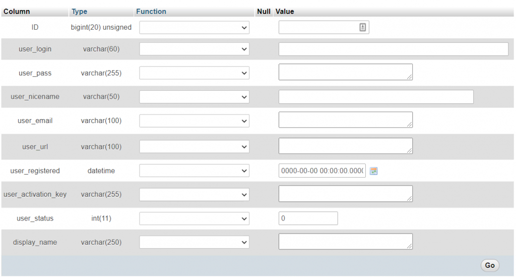 Sección de Insertar de phpMyAdmin