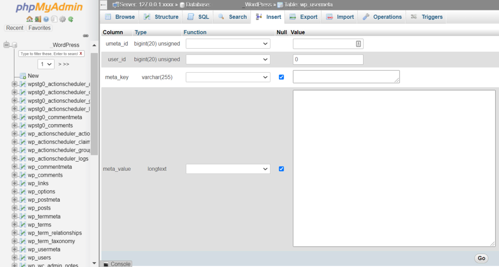 Panel de navegación de phpMyAdmin