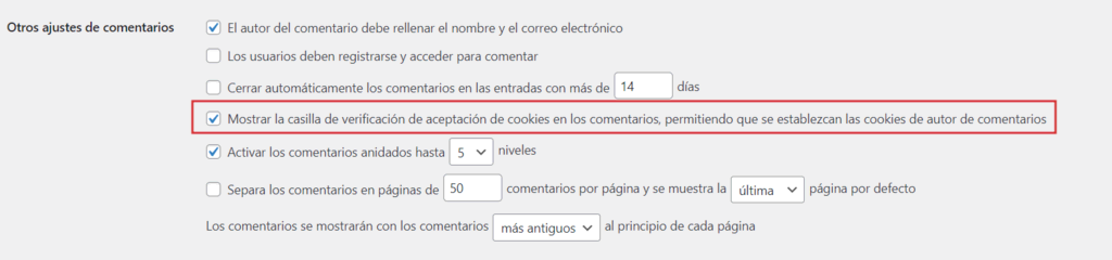 Opción de cookies para comentarios en WordPress