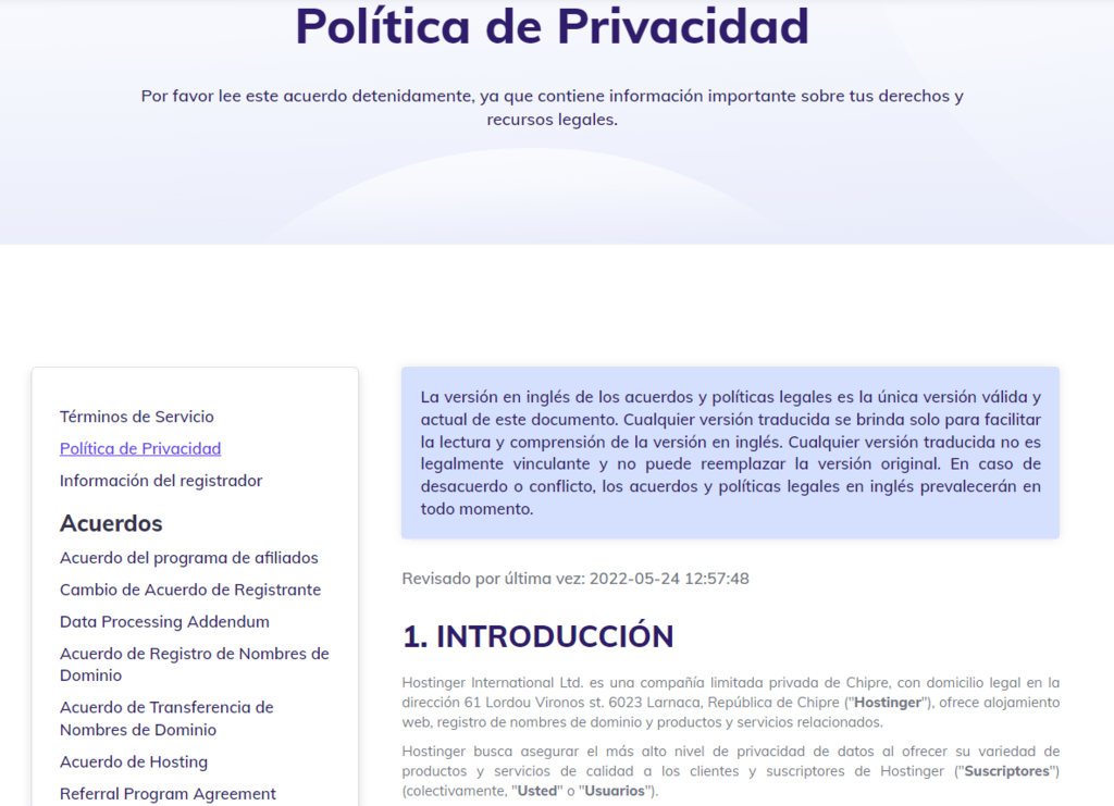 Ejemplo de Política de Privacidad de Hostinger