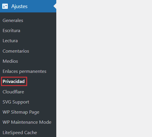 Sección de Privacidad en Ajustes de WordPress