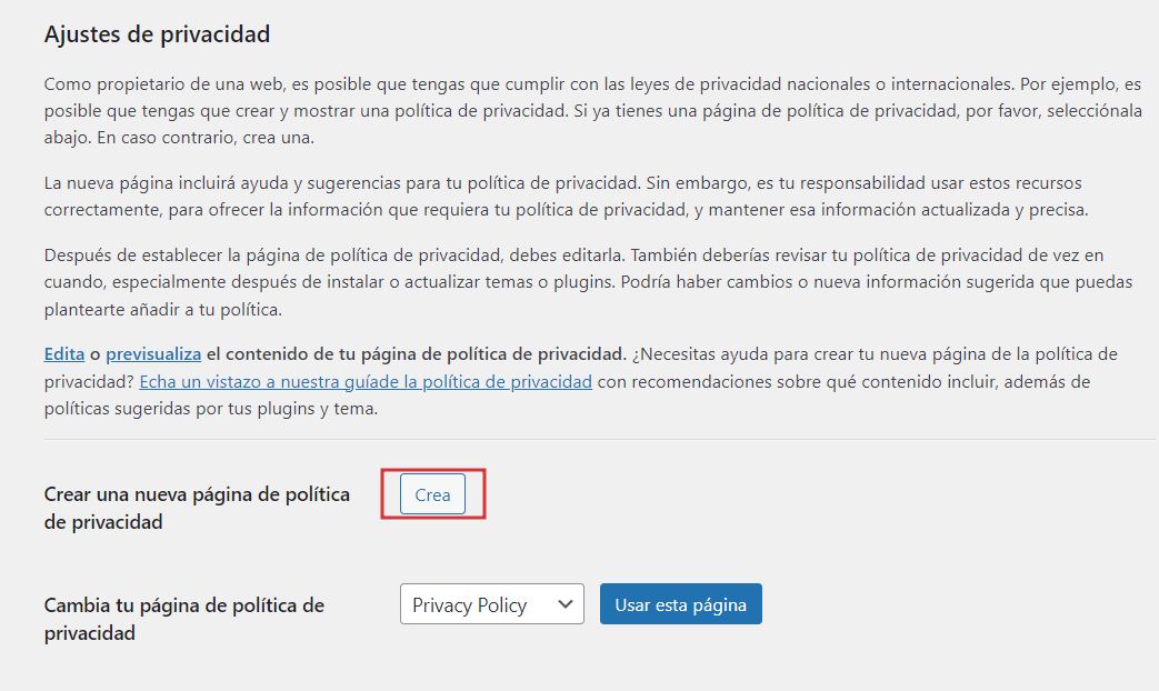 Crear una nueva página de política de privacidad en WordPress