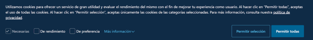 Ejemplo de aviso de Cookies de una página web