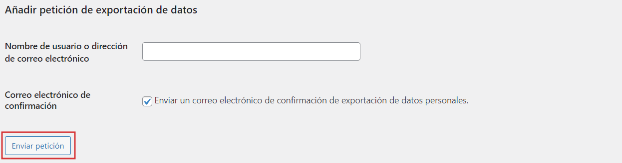 Sección de Añadir petición de exportación de datos en WordPress