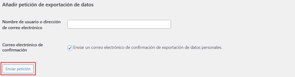 Sección de Añadir petición de exportación de datos en WordPress