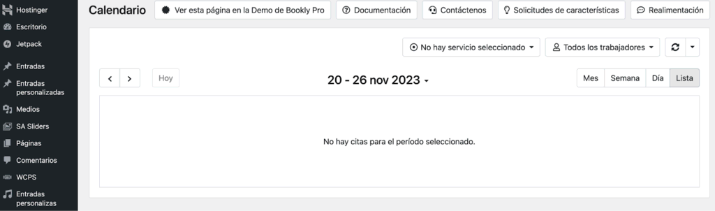 Sección de Bookly en WordPress