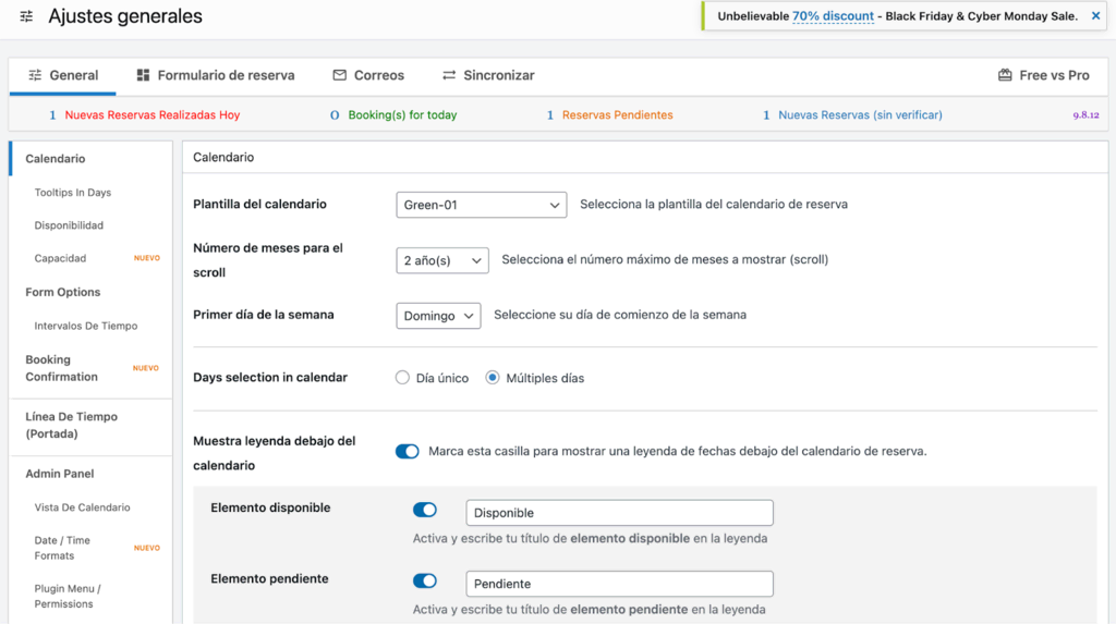 Ajustes generales de Booking Calendar en WordPress