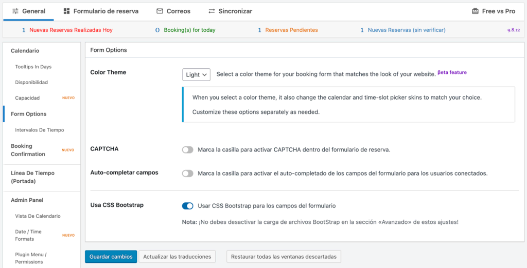 Sección Form de Booking form