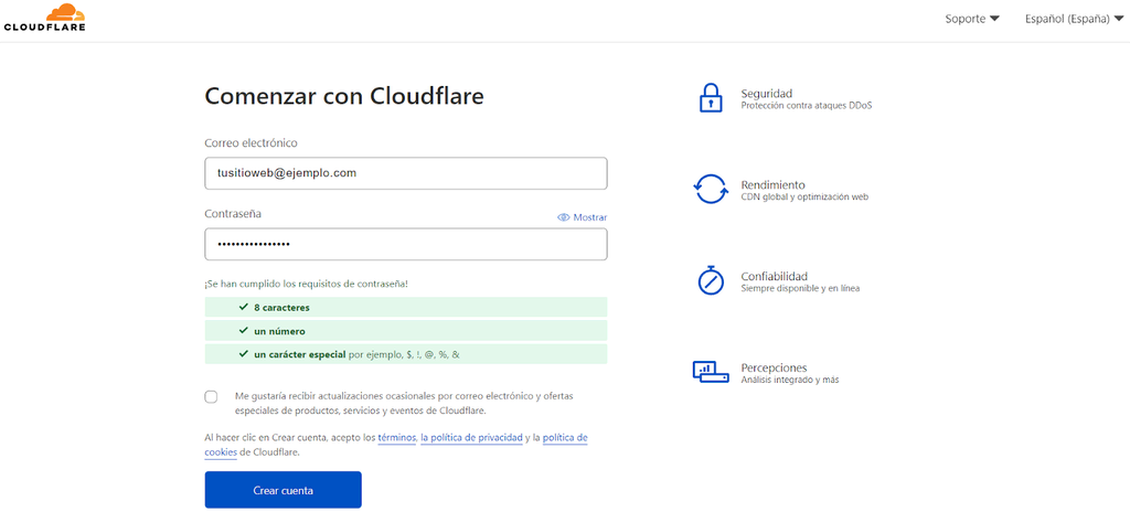 Página para crear una cuenta en Cloudflare