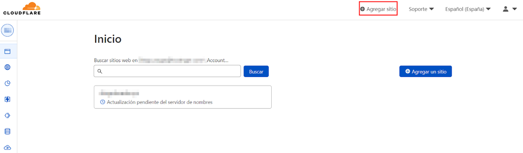 Sección para agregar sitio en Cloudflare