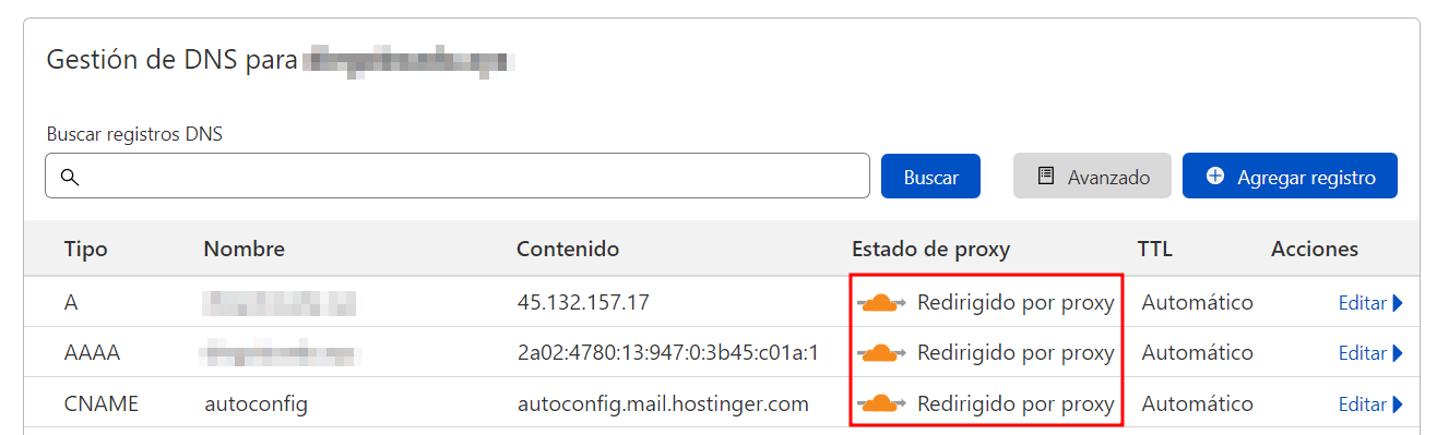 Sección de Cloudflare para gestionar DNS de un dominio