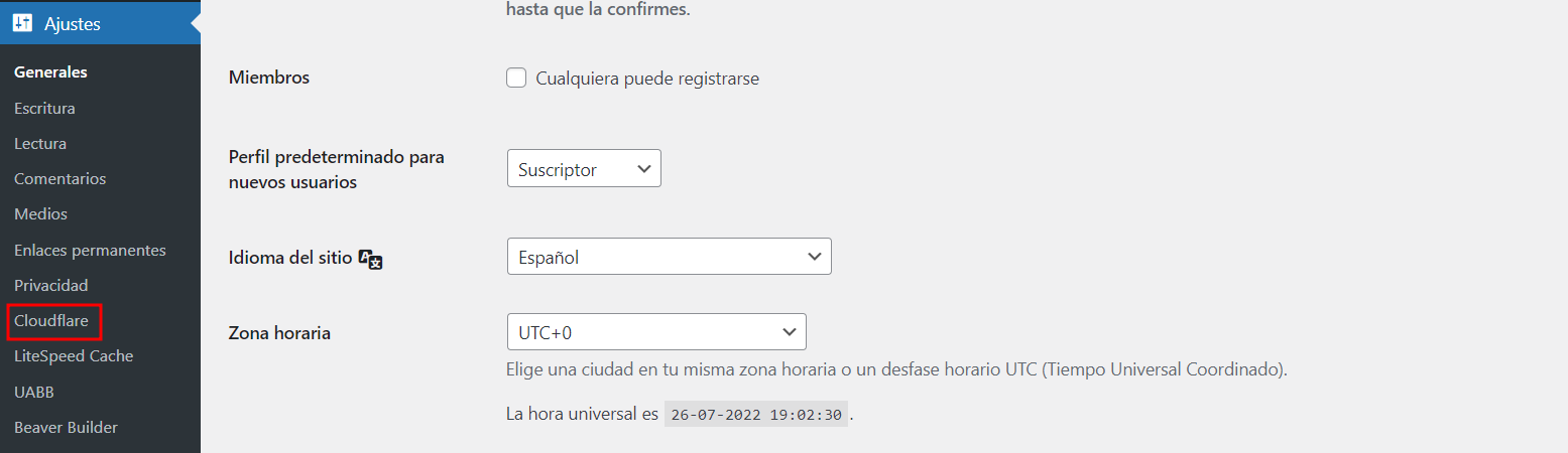 Sección de Cloudflare instalado en WordPress