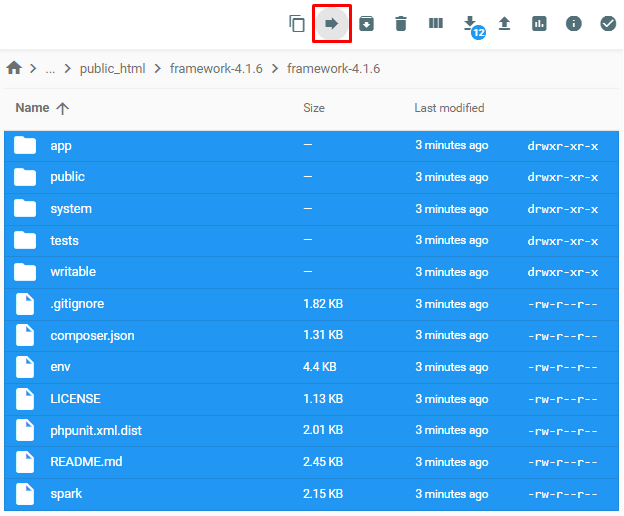 Botón mover del Administrador de archivos de hPanel