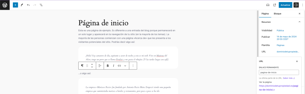 Página de inicio de WordPress