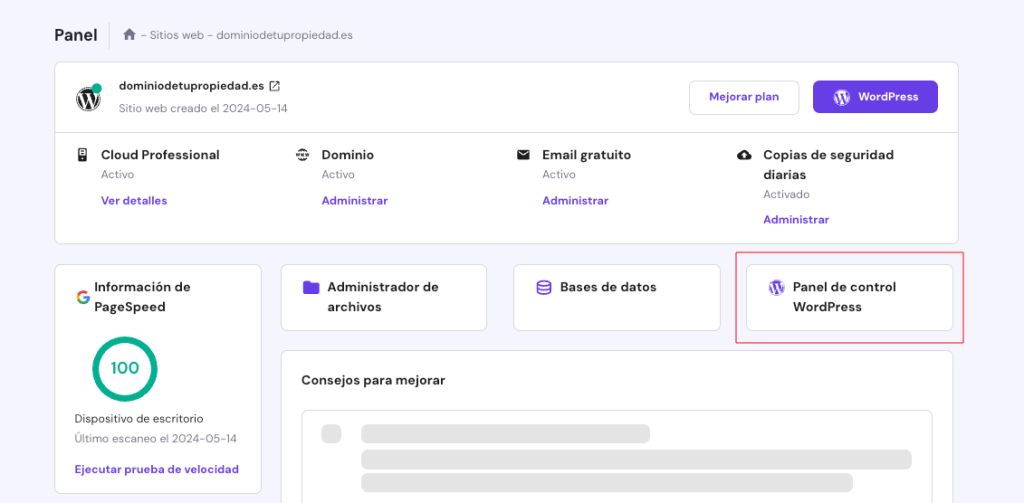 Panel de control WordPress en hPanel