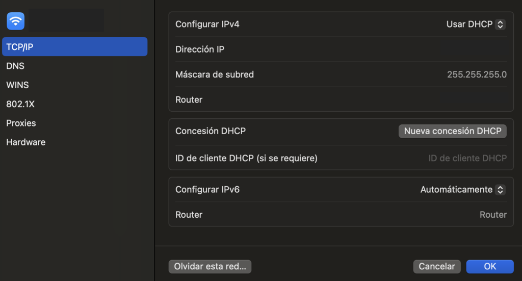 pestaña TCP/IP de red en macOS